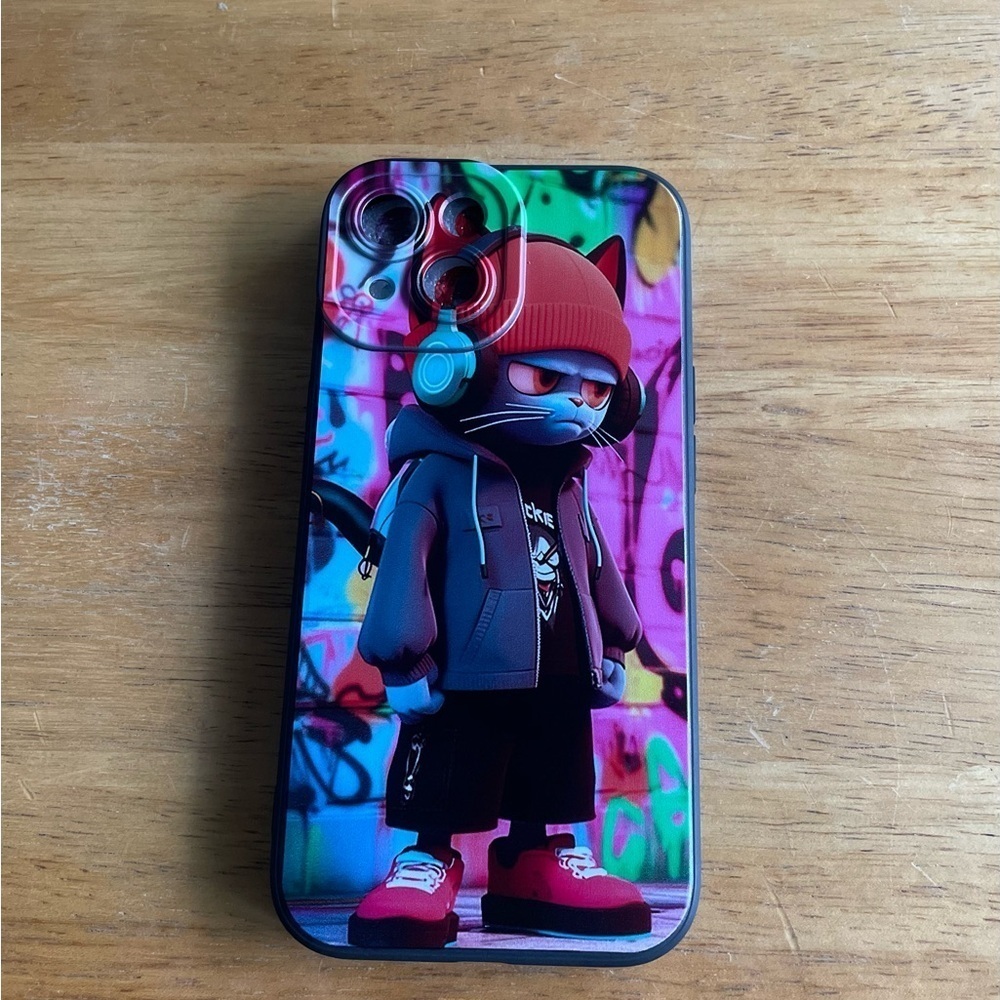 Black Trim Colorful iPhone 15 Cool Graffiti Kitty Phone Case